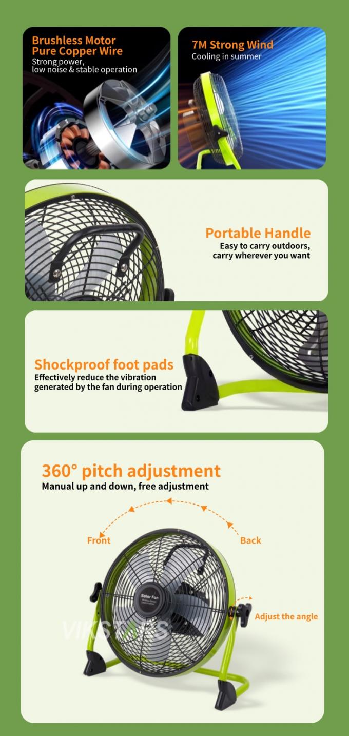 Buiten draagbare ventilator oplaadbare huishoudelijke noodgeval 12 inch 14 inch zonnevloer ventilator stil zonne-energie ventilator 8